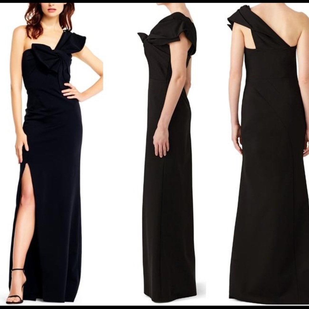 NWT black crepe one shoulder gown with bow detail